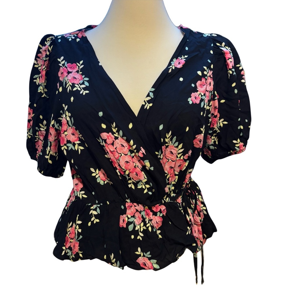 NWT Miss Selfridge Black Pink Floral Wrap Top Petite 12 Peplum Puff Sleeve